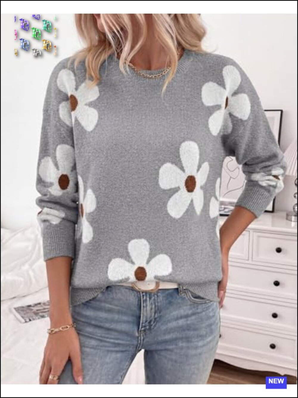 Women's Floral Chunky Knit Crewneck Pullover | Cozy Loose Fit Long Sleeve - Picture 2 of 6